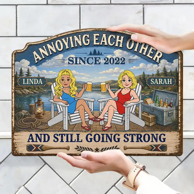 Wedding Anniversary,Old Couples,Outdoor Decor,Lake,Gift For Couples,Vector,Happy - Retro Style Couple Lake House Annoying Each Other - Personalized Custom Shaped Wood Sign