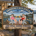 Wedding Anniversary,Old Couples,Outdoor Decor,Lake,Gift For Couples,Vector,Happy - Retro Style Couple Lake House Annoying Each Other - Personalized Custom Shaped Wood Sign