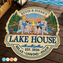 Outdoor Decor,Lake,Gift For Couples,Vector,Happy - Retro Style Couple Welcome To Our Lake House - Personalized Custom Shaped Doormat