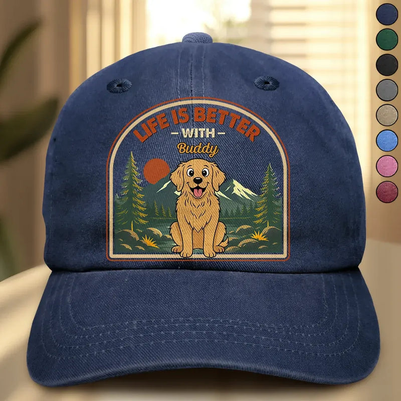 Dog Dad,Pet Lovers,Gift For Father,Top Market,Adorable,Vector - Retro Style Life Is Better With Dog Cat - Personalized Vintage Washed Denim Cap