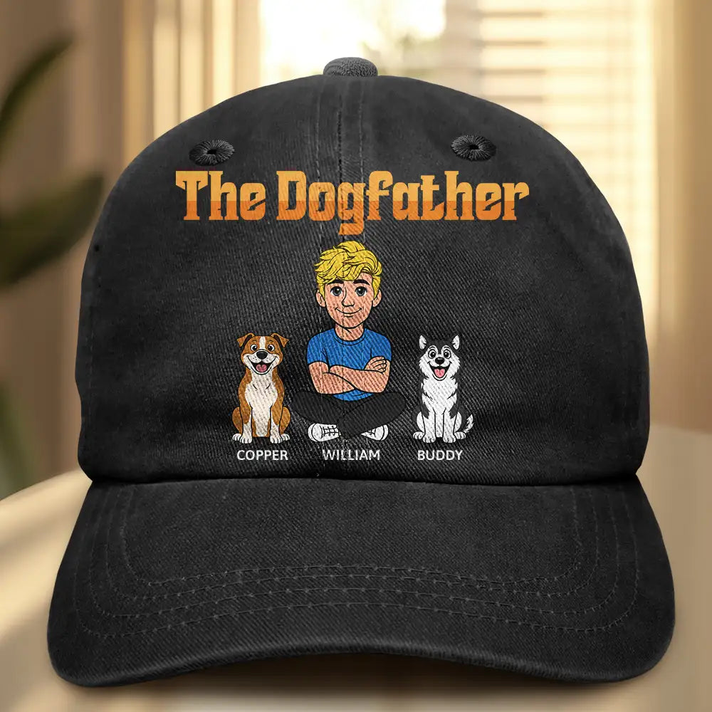 Dog Mom,Dog Dad,Dog Lovers,Cat Mom,Cat Dad,Cat Lovers,Pet Lovers,Pet Mom,Pet Dad,Top Market,Non-Eng,Vector,Proud - Retro Style The Dogfather Catfather - Personalized Vintage Washed Denim Cap