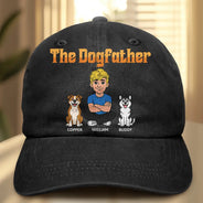 Dog Mom,Dog Dad,Dog Lovers,Cat Mom,Cat Dad,Cat Lovers,Pet Lovers,Pet Mom,Pet Dad,Top Market,Non-Eng,Vector,Proud - Retro Style The Dogfather Catfather - Personalized Vintage Washed Denim Cap