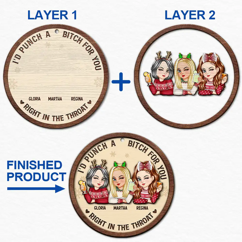 Gift For Bestie,Gift For Sisters,Gift For Women,Gifts For Colleagues - Right In The Throat Besties - Personalized 2-Layered Wooden Ornament