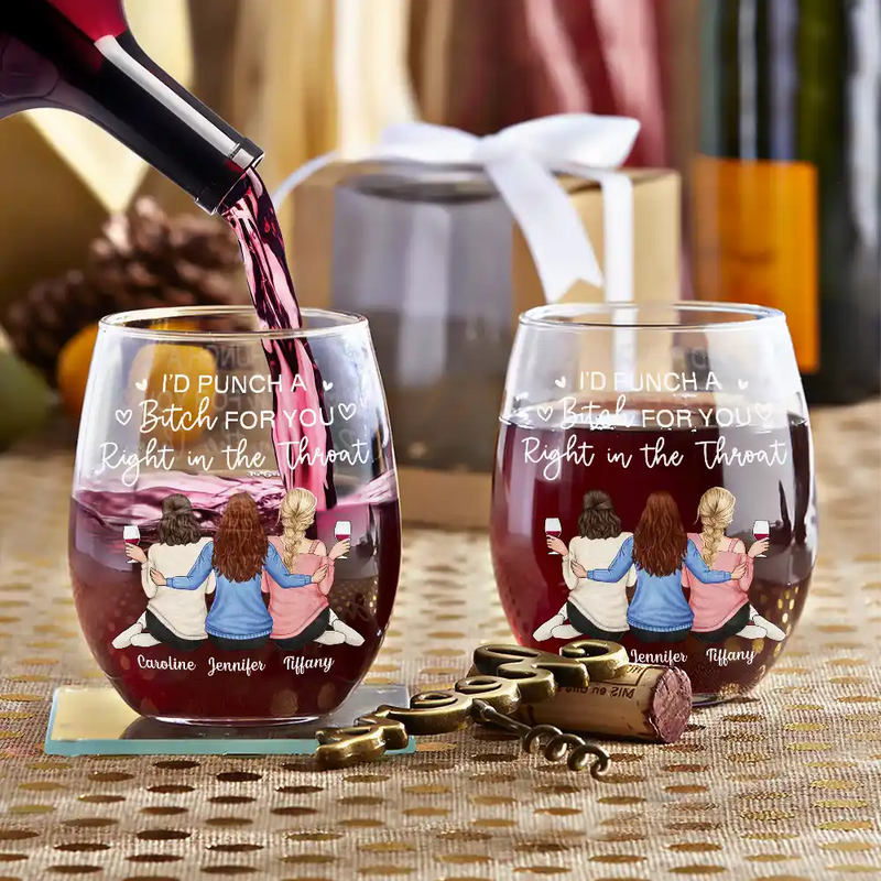 Gift For Bestie, Gift For Sisters, Gift For Women, Gifts For Colleagues, Funny - Right In The Throat Besties Sisters Backside - Personalized Stemless Wine Glass