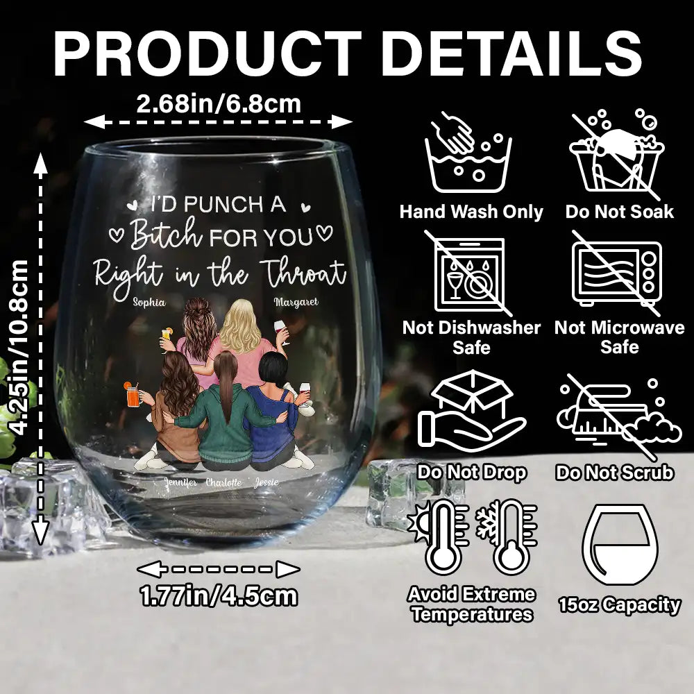 Gift For Bestie, Gift For Sisters, Gift For Women, Gifts For Colleagues, Funny - Right In The Throat Besties Sisters Backside - Personalized Stemless Wine Glass