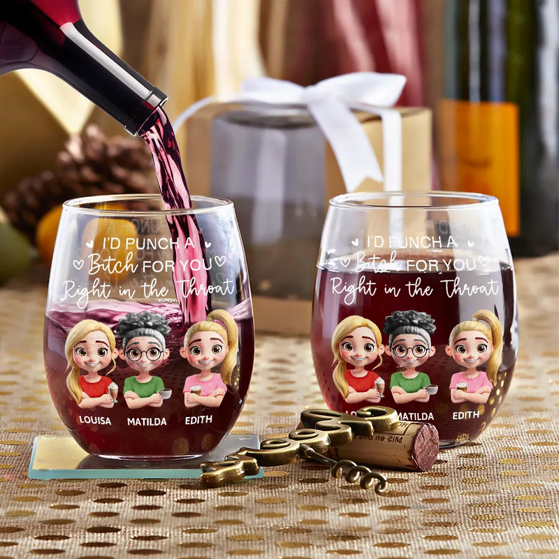 Funny,Gift For Bestie,Gifts For Colleagues,Gift For Sisters - Right In The Throat Besties Sisters Cartoon - Personalized Stemless Wine Glass