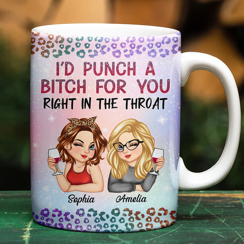Gift For Bestie, Gift For Sisters, Gift For Women, Gifts For Colleagues, Funny - Right In The Throat Besties Twinkle Leopard - Personalized White Edge-to-Edge Mug