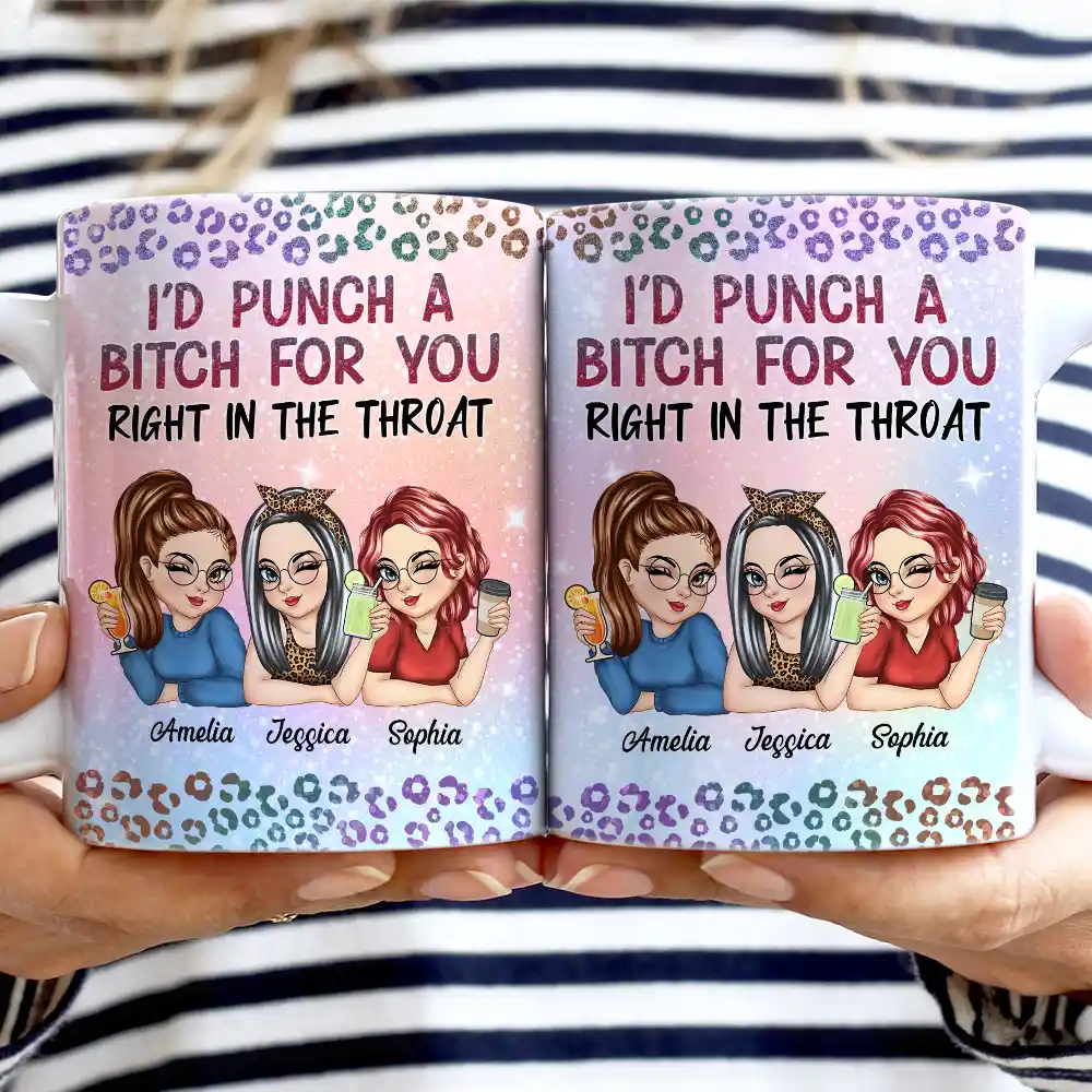 Gift For Bestie, Gift For Sisters, Gift For Women, Gifts For Colleagues, Funny - Right In The Throat Besties Twinkle Leopard - Personalized White Edge-to-Edge Mug