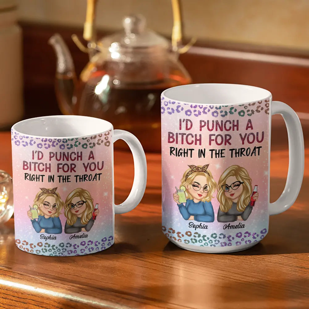 Gift For Bestie, Gift For Sisters, Gift For Women, Gifts For Colleagues, Funny - Right In The Throat Besties Twinkle Leopard - Personalized White Edge-to-Edge Mug