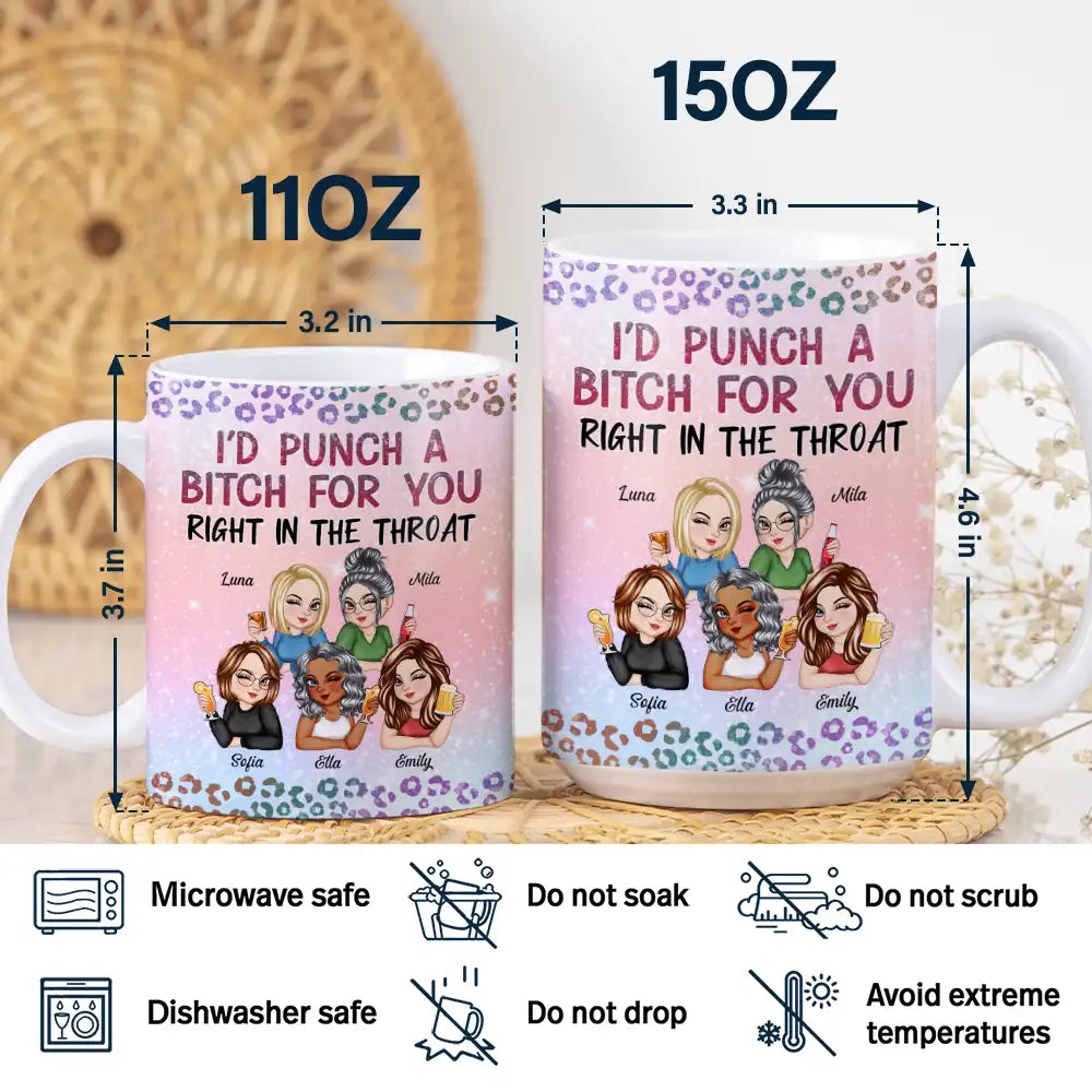 Gift For Bestie, Gift For Sisters, Gift For Women, Gifts For Colleagues, Funny - Right In The Throat Besties Twinkle Leopard - Personalized White Edge-to-Edge Mug