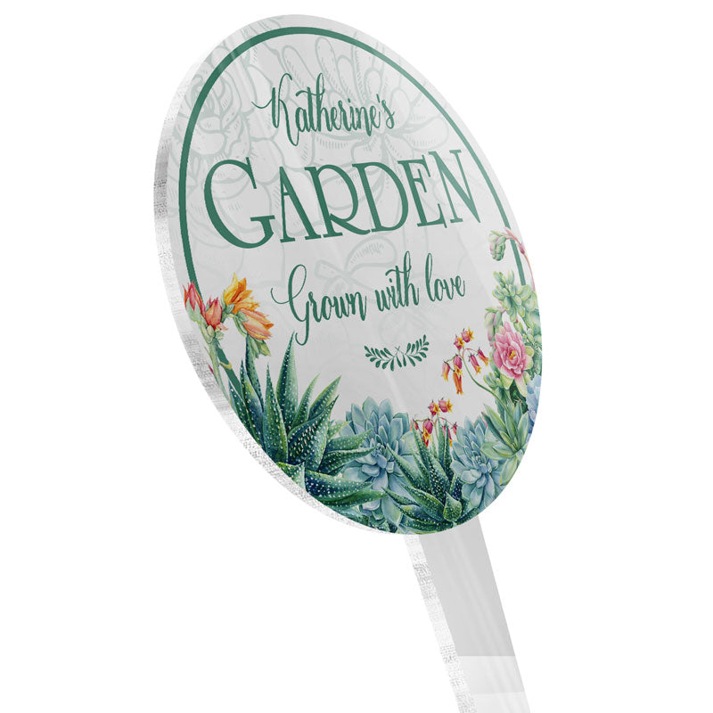Succulent Garden Grown With Love - Garden Sign - Personalized Custom Circle Acrylic Plaque Stake