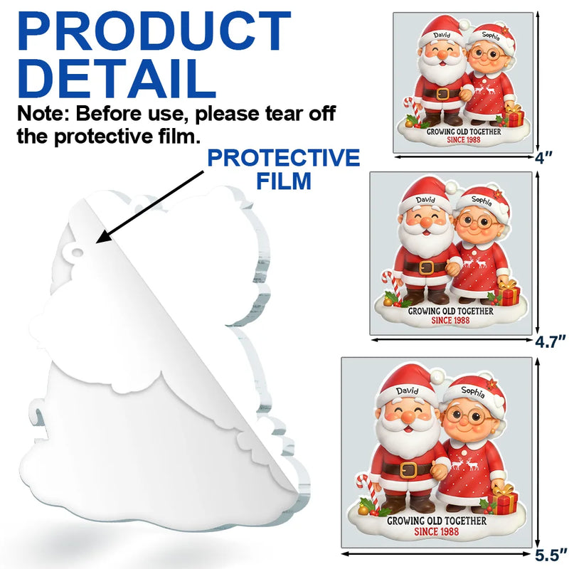 Christmas,Gift For Couples,Old Couples,Gift For Husband,Gift For Wife,Love - Santa Couple Growing Old Together - Personalized Custom Shaped Acrylic Ornament