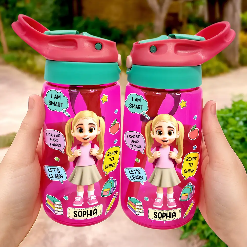 Adorable,Back To School,Gift For Kids,Vector - School Kid With Backpack - Personalized Kids Water Bottle With Straw