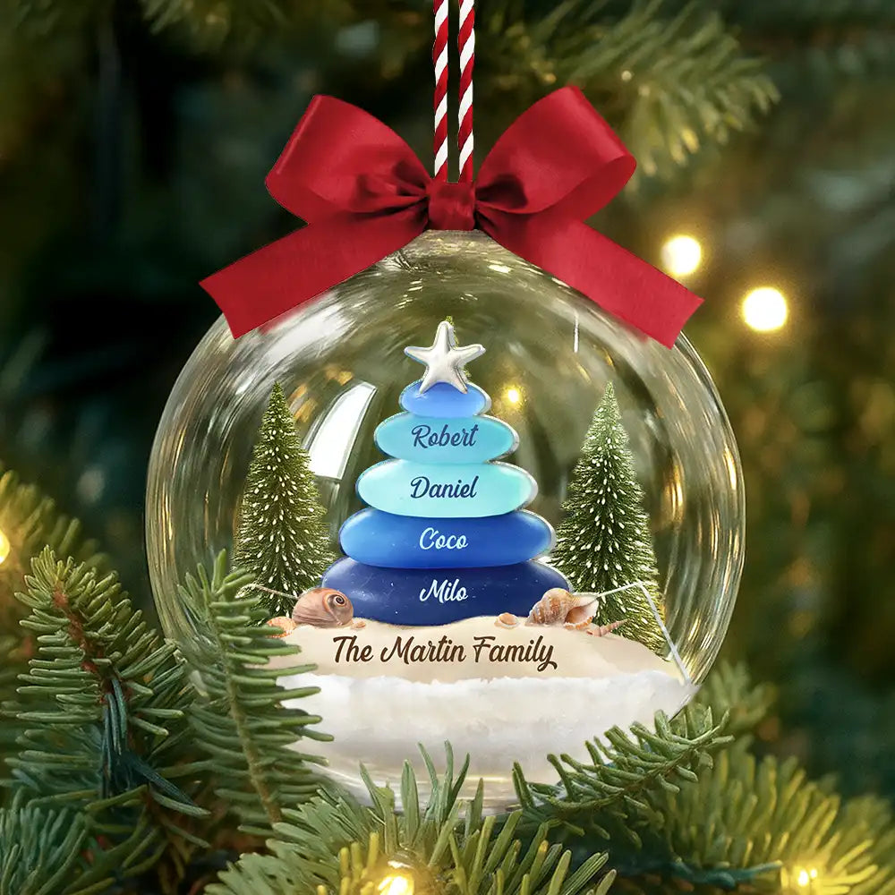Family,Pet Lovers,Pet Mom,Pet Dad,Pet Couple,Dog Lovers,Dog Couple,Dog Mom,Dog Dad,Cat Lovers,Cat Mom,Cat Dad,Cat Couple,Happy,Single Mom,Single Dad,Gift For Grandpa,Gift For Grandma,Gift For Grandkids,Christmas - Sea Glass Family Beach Lovers - Personalized 3D Acrylic Ball Ornament