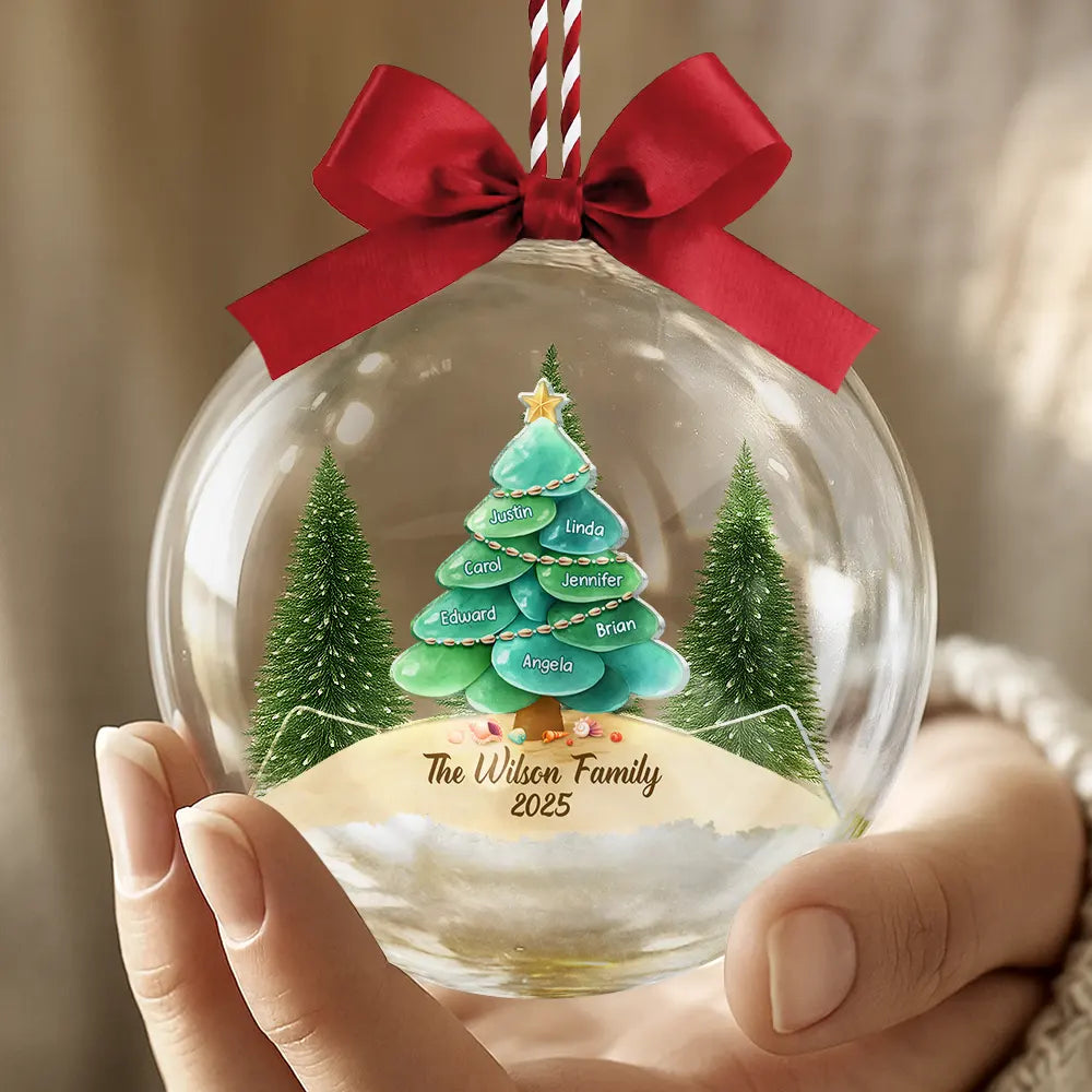 Family,Pet Lovers,Pet Mom,Pet Dad,Pet Couple,Dog Lovers,Dog Couple,Dog Mom,Dog Dad,Cat Lovers,Cat Mom,Cat Dad,Cat Couple,Happy,Single Mom,Single Dad,Gift For Grandpa,Gift For Grandma,Gift For Grandkids,Christmas - Sea Glass Family Christmas Tree - Personalized 3D Acrylic Ball Ornament