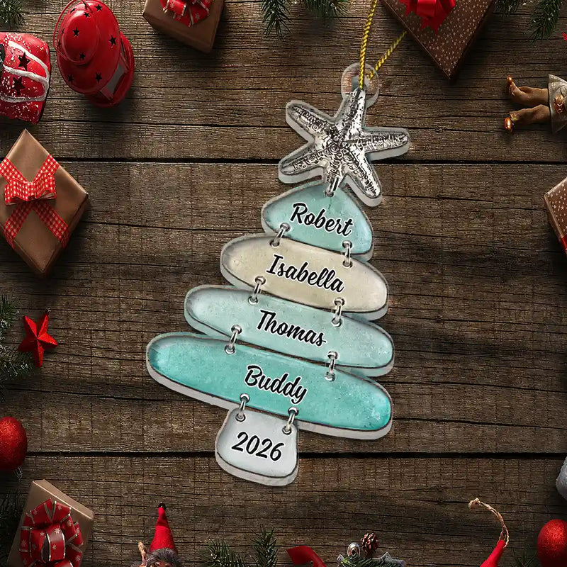 Top Market,Christmas,Beach,Cozy,Family,Icon - Sea Glass Family Christmas Tree With Names - Personalized Custom Shaped Acrylic Ornament