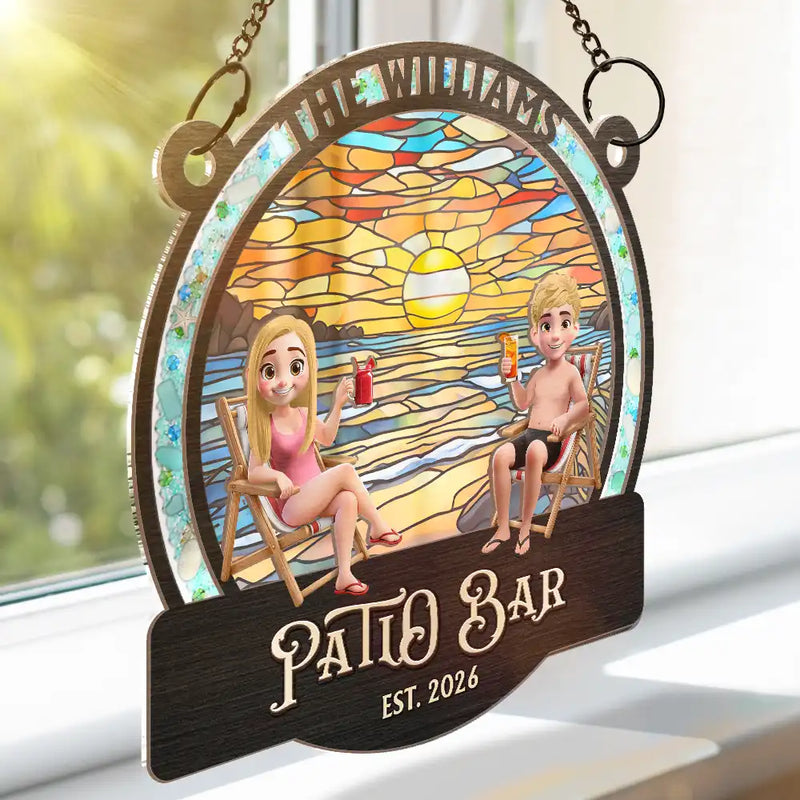 Proud, Backyard, Summer, Outdoor Decor, Gift For Couples, Vector - Sea Glass Frame Backyard Oasis - Personalized Window Hanging Suncatcher Ornament