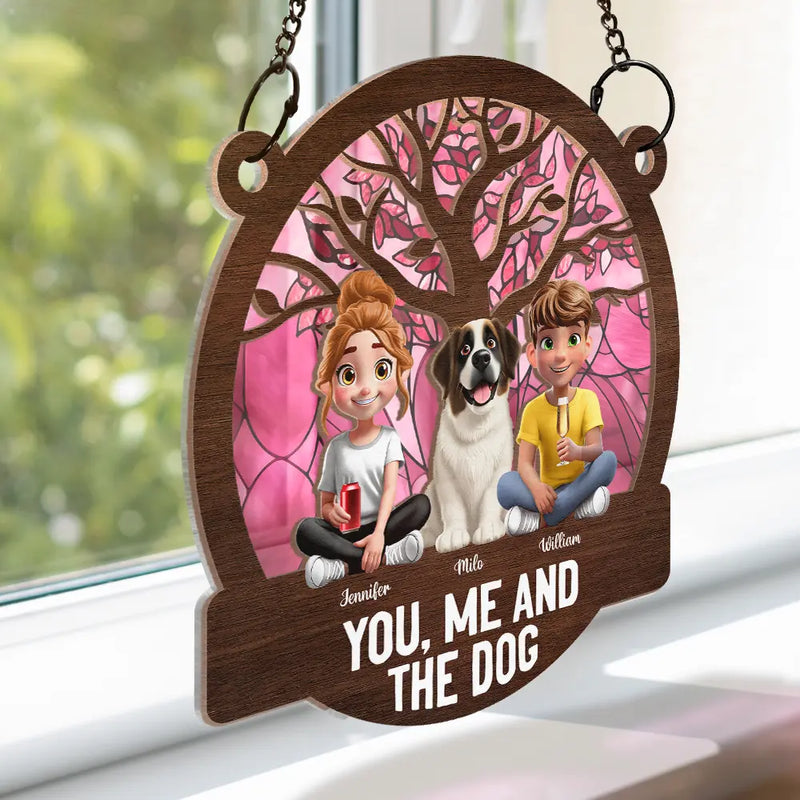 Gift For Couples, Gift For Husband, Gift For Wife, Gift For Boyfriend, Gift For Girlfriend, Dog Lovers, Pet Lovers, Dog Couple, Pet Couple, Love - Seasons Of The Year You, Me And The Dog - Personalized Window Hanging Suncatcher Ornament