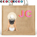 Beach, Gift For Yourself, Gift For Women, Happy - Shadow Monogram Girl By The Beach - Personalized Jute Beach Bag
