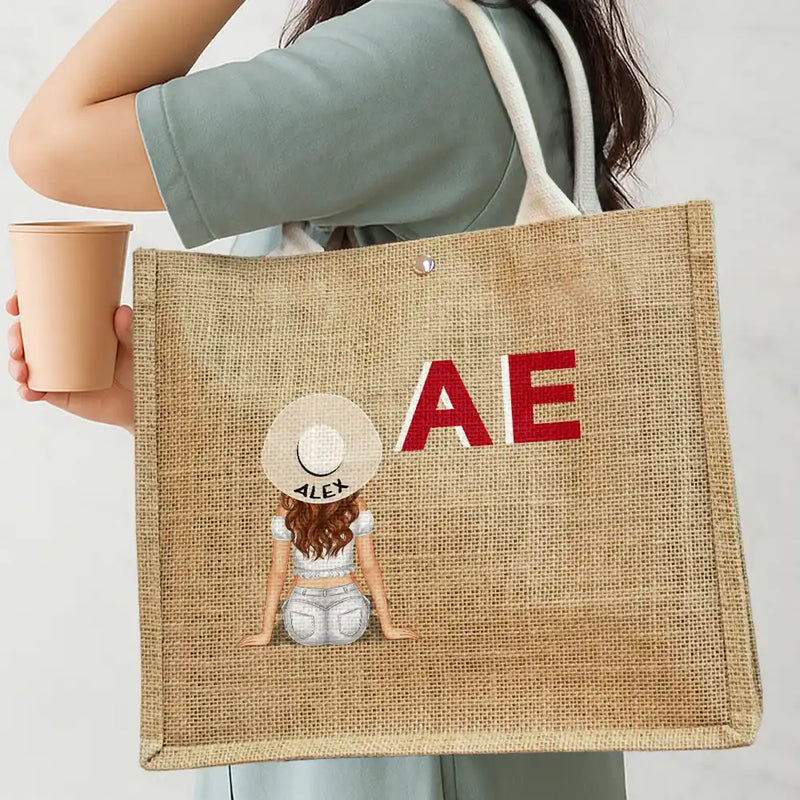 Beach, Gift For Yourself, Gift For Women, Happy - Shadow Monogram Girl By The Beach - Personalized Jute Beach Bag