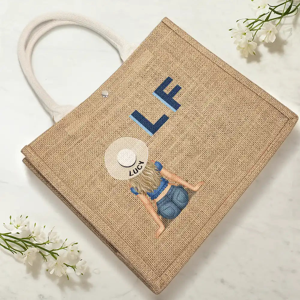 Beach, Gift For Yourself, Gift For Women, Happy - Shadow Monogram Girl By The Beach - Personalized Jute Beach Bag