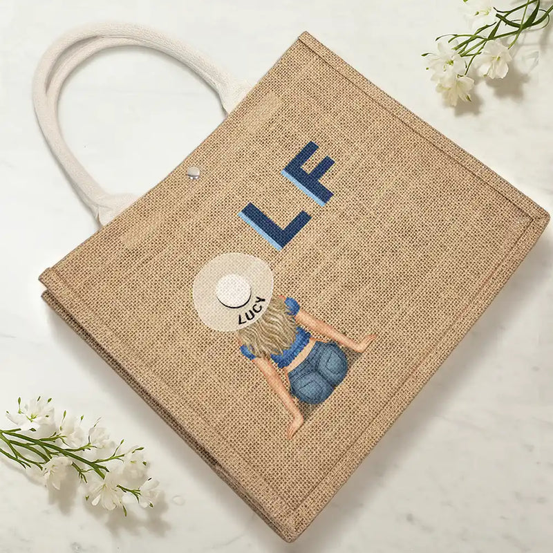 Beach, Gift For Yourself, Gift For Women, Happy - Shadow Monogram Girl By The Beach - Personalized Jute Beach Bag