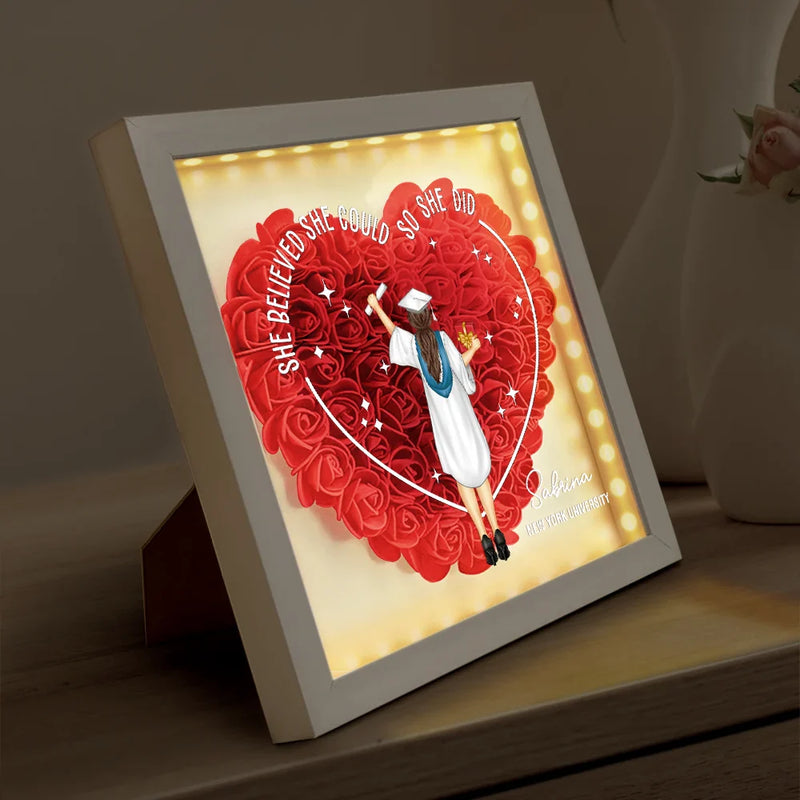 Graduation,Gift For Yourself,Happy - She Believed She Could Graduation Gift - Personalized LED Light Flower Shadow Box