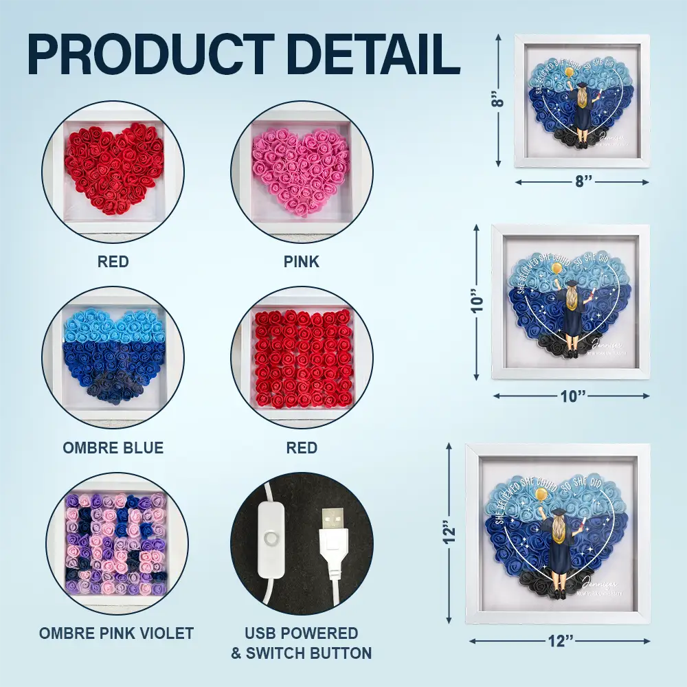 Graduation,Gift For Yourself,Happy - She Believed She Could Graduation Gift - Personalized LED Light Flower Shadow Box