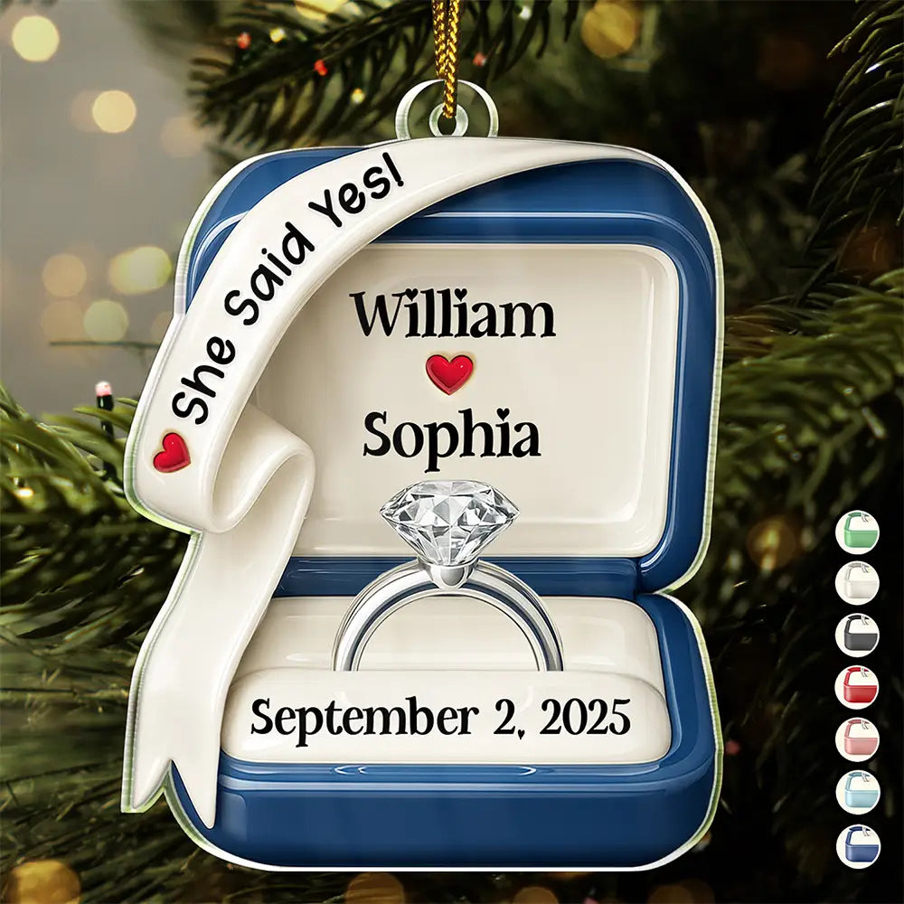Wedding Anniversary, Wedding, Engaged, Gift For Couples, Love, Christmas - She Said Yes Engaged Married Ceramic Effect Ring Box - Personalized Custom Shaped Acrylic Ornament