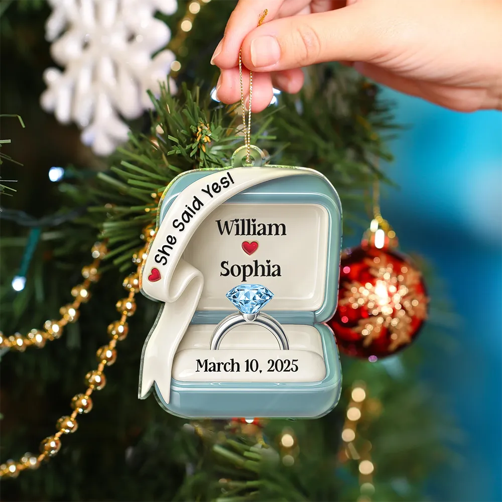 Wedding Anniversary, Wedding, Engaged, Gift For Couples, Love, Christmas - She Said Yes Engaged Married Ceramic Effect Ring Box - Personalized Custom Shaped Acrylic Ornament