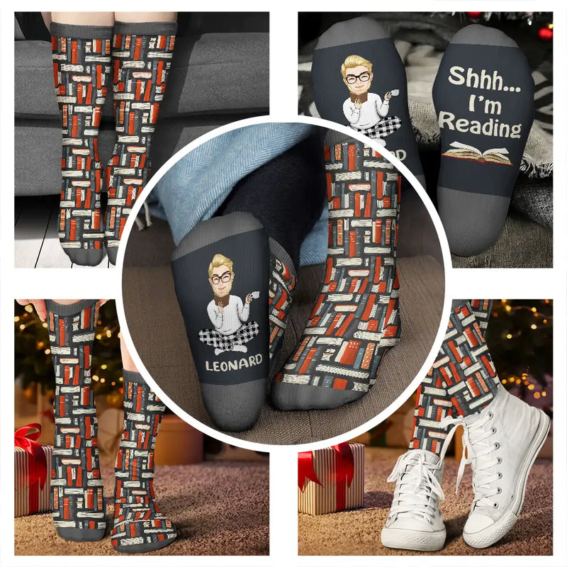Gift For Yourself,Gift For Women,Gift For Men,Happy,Reading,Christmas - Shhh I'm Reading - Personalized Socks