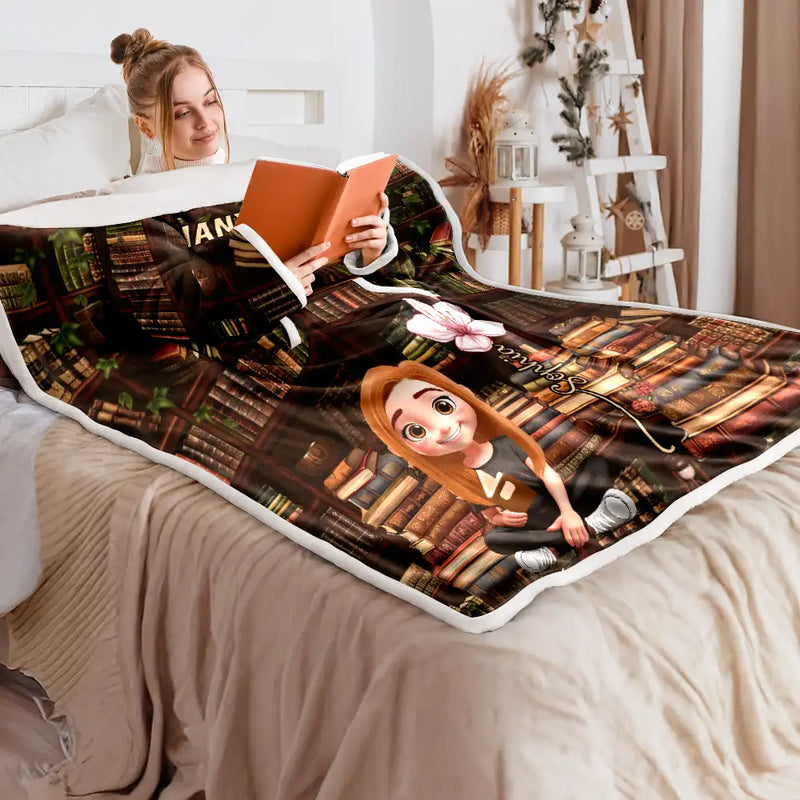 Reading, Gift For Yourself, Funny - Shhh I'm Reading Bookish Girl With Birth Month Flower - Personalized Wearable Blanket With Sleeves