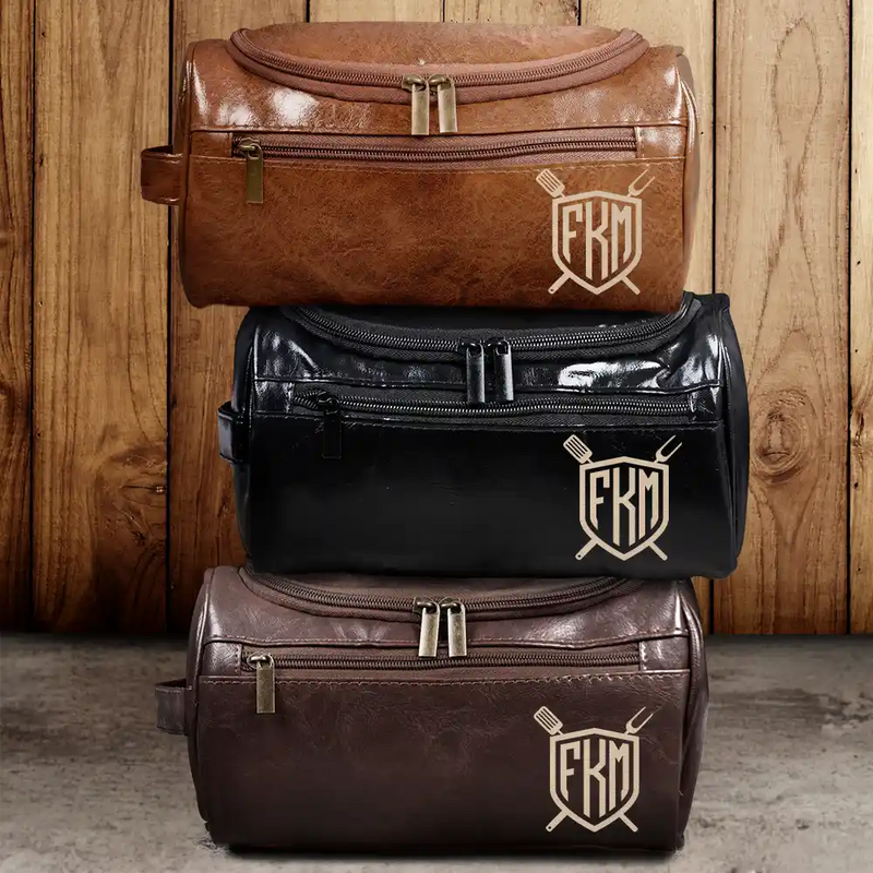 Gift For Yourself, Gift For Husband, Gift For Boyfriend, Gift For Men, Gift For Grandpa, Gift For Father, Love - Shield Monogram 2 And 3 Letters - Personalized Leather Toiletry Bag