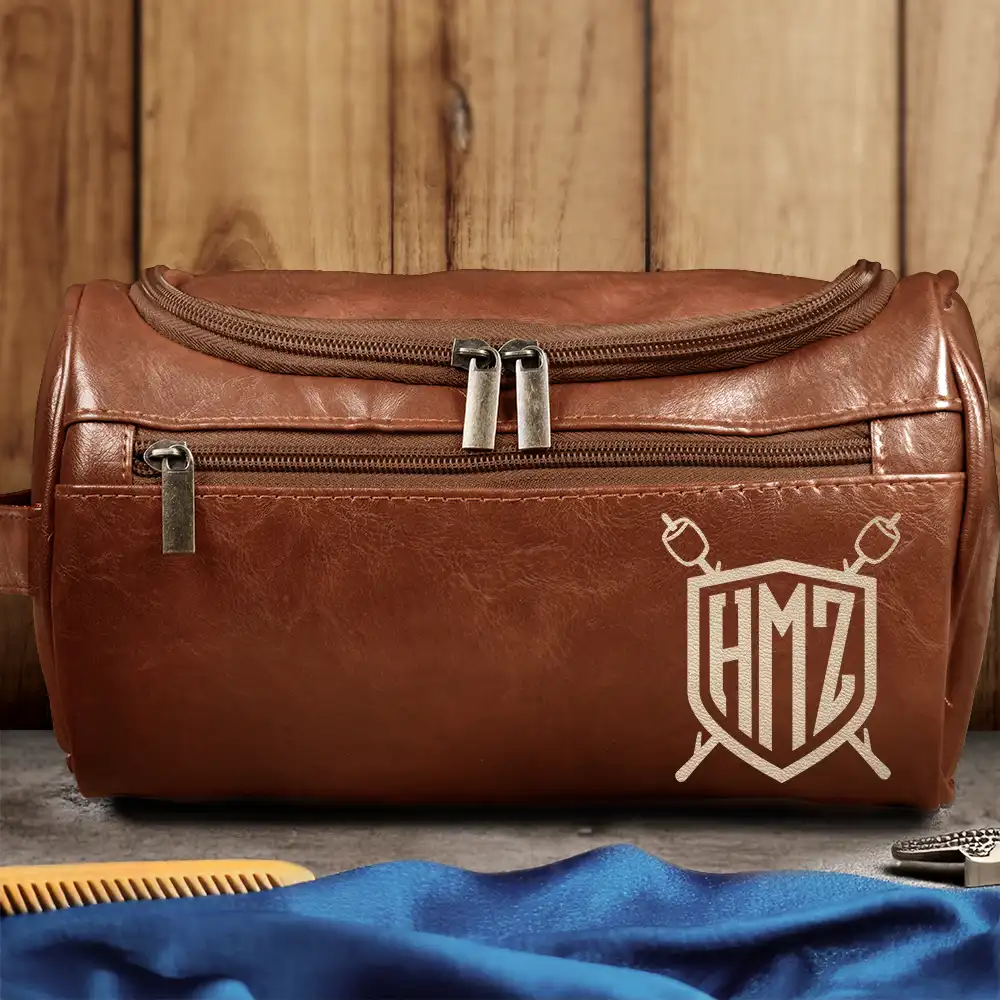 Gift For Yourself, Gift For Husband, Gift For Boyfriend, Gift For Men, Gift For Grandpa, Gift For Father, Love - Shield Monogram 2 And 3 Letters - Personalized Leather Toiletry Bag