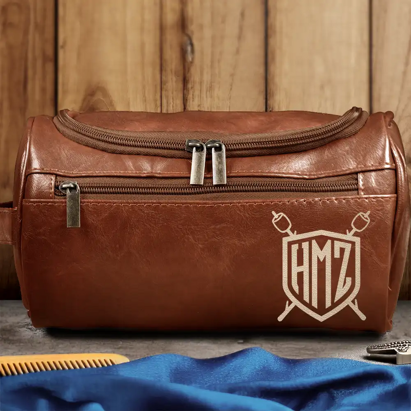 Gift For Yourself, Gift For Husband, Gift For Boyfriend, Gift For Men, Gift For Grandpa, Gift For Father, Love - Shield Monogram 2 And 3 Letters - Personalized Leather Toiletry Bag