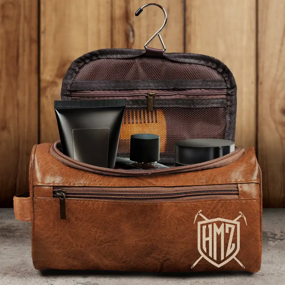 Gift For Yourself, Gift For Husband, Gift For Boyfriend, Gift For Men, Gift For Grandpa, Gift For Father, Love - Shield Monogram 2 And 3 Letters - Personalized Leather Toiletry Bag