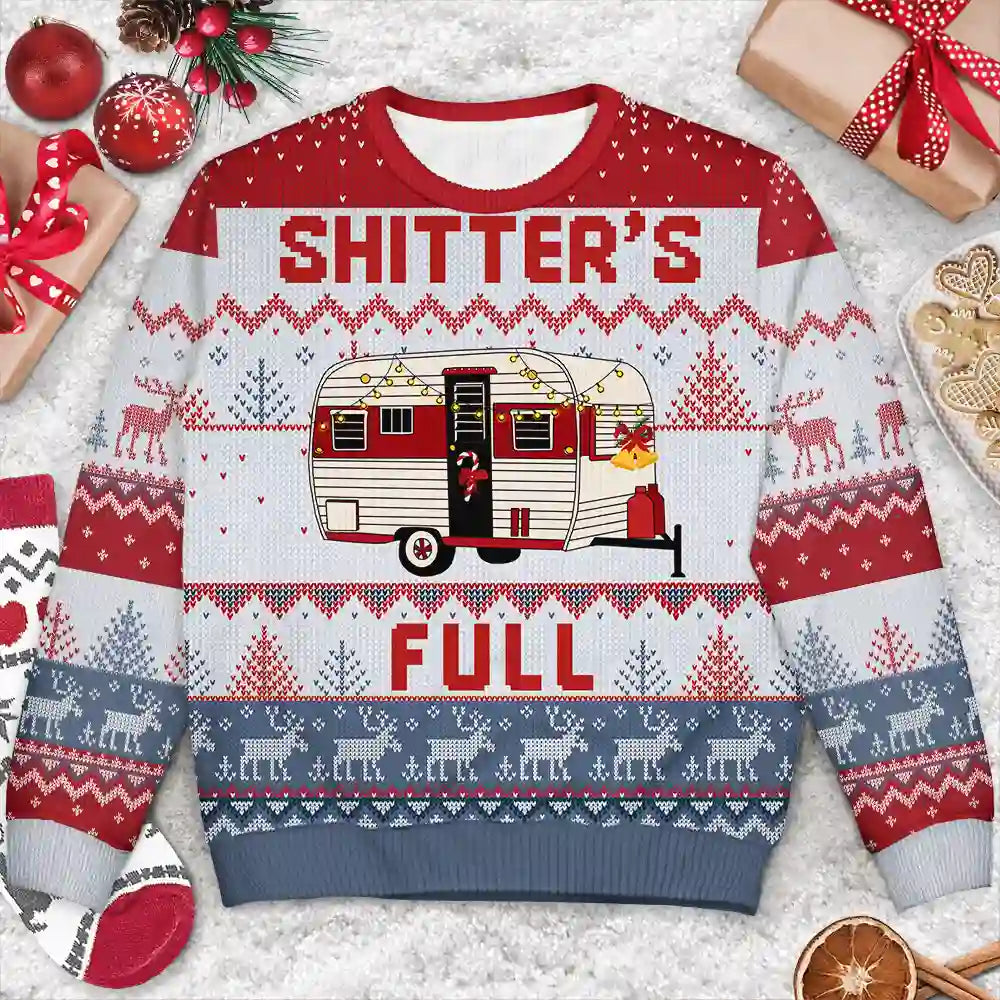Camping,Campsite,Funny,Christmas - Shitter's Full Camping Lover - Personalized Unisex Ugly Sweater