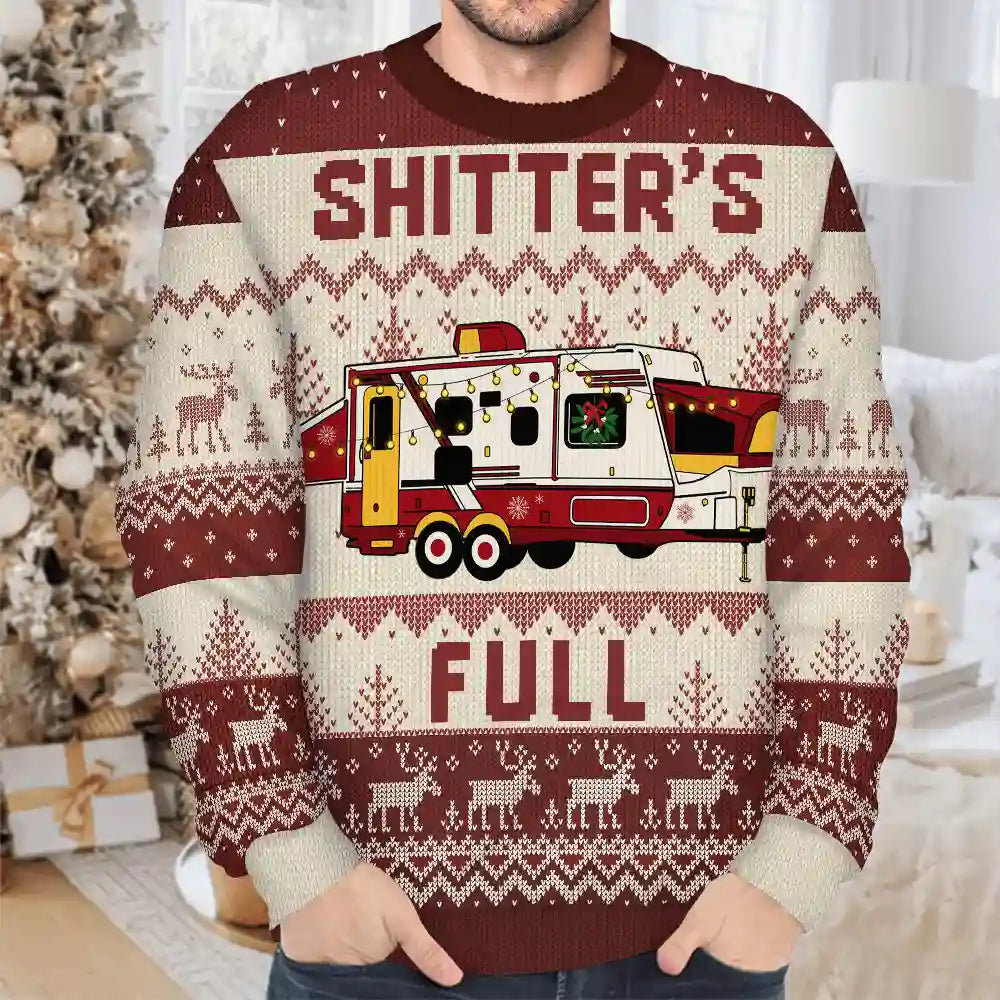 Camping,Campsite,Funny,Christmas - Shitter's Full Camping Lover - Personalized Unisex Ugly Sweater