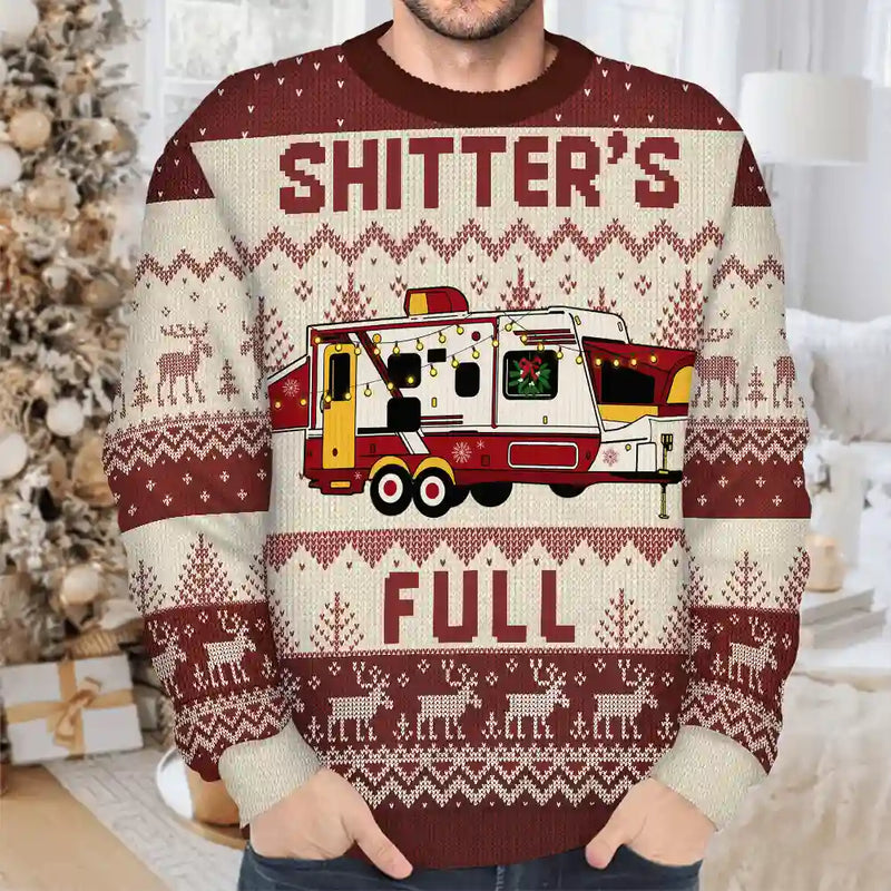 Camping,Campsite,Funny,Christmas - Shitter's Full Camping Lover - Personalized Unisex Ugly Sweater