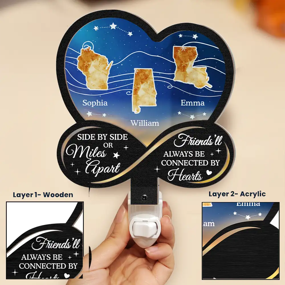 Family,Gift For Sisters,Gift For Sibling,Gift For Bestie,Love,Long Distance - Side By Side Or Miles Apart - Personalized Plug-in Night Light