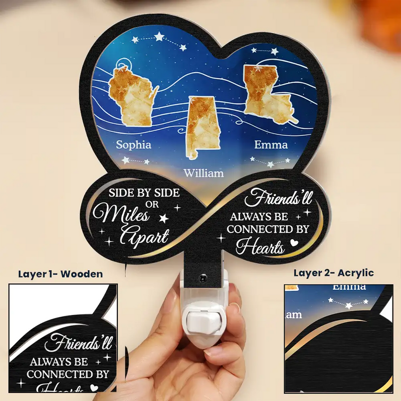 Family,Gift For Sisters,Gift For Sibling,Gift For Bestie,Love,Long Distance - Side By Side Or Miles Apart - Personalized Plug-in Night Light