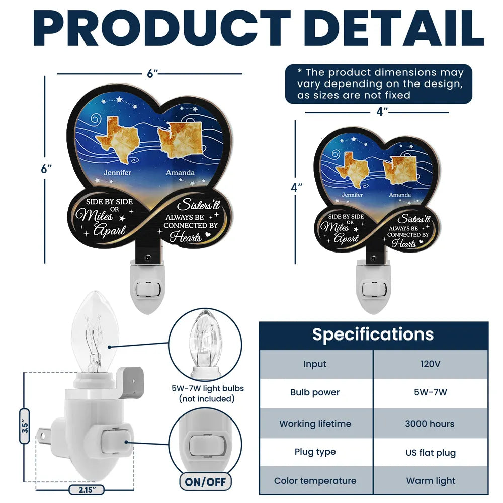 Family,Gift For Sisters,Gift For Sibling,Gift For Bestie,Love,Long Distance - Side By Side Or Miles Apart - Personalized Plug-in Night Light