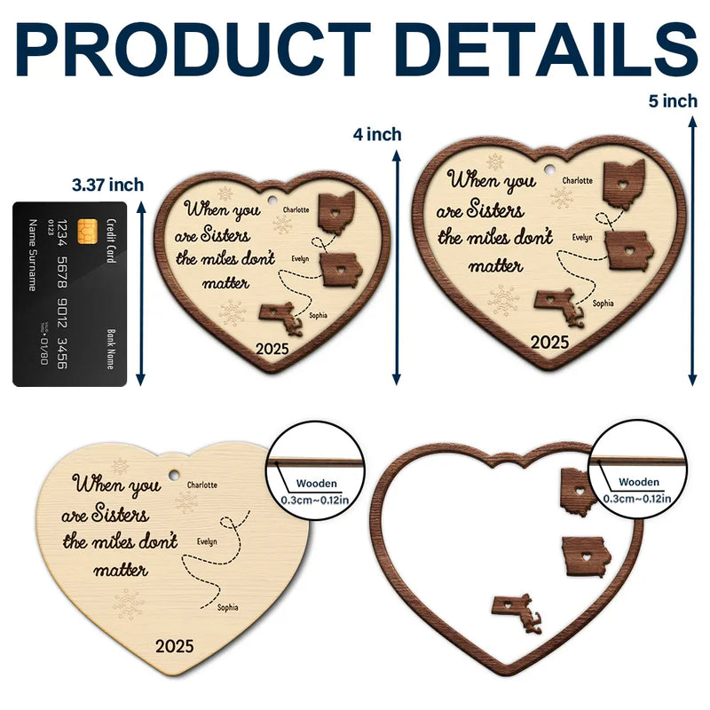 Christmas,Family,Parents,Gift For Grandparents,Long Distance,Gift For Sisters,Gift For Sibling,Gift For Brothers,Happy - Side By Side Or Miles Apart Long Distance - Personalized 2-Layered Wooden Ornament