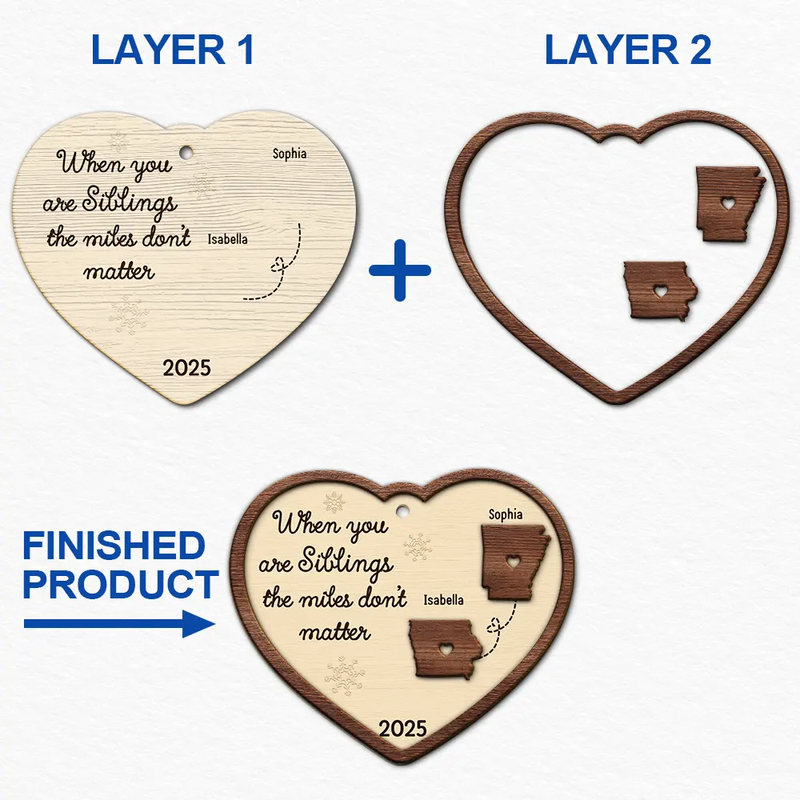 Christmas,Family,Parents,Gift For Grandparents,Long Distance,Gift For Sisters,Gift For Sibling,Gift For Brothers,Happy - Side By Side Or Miles Apart Long Distance - Personalized 2-Layered Wooden Ornament