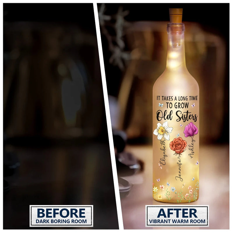 Gift For Bestie, Gift For Sisters, Happy, Gift For Women - Sisters Are Different Flowers From The Same Garden - Personalized Bottle Light