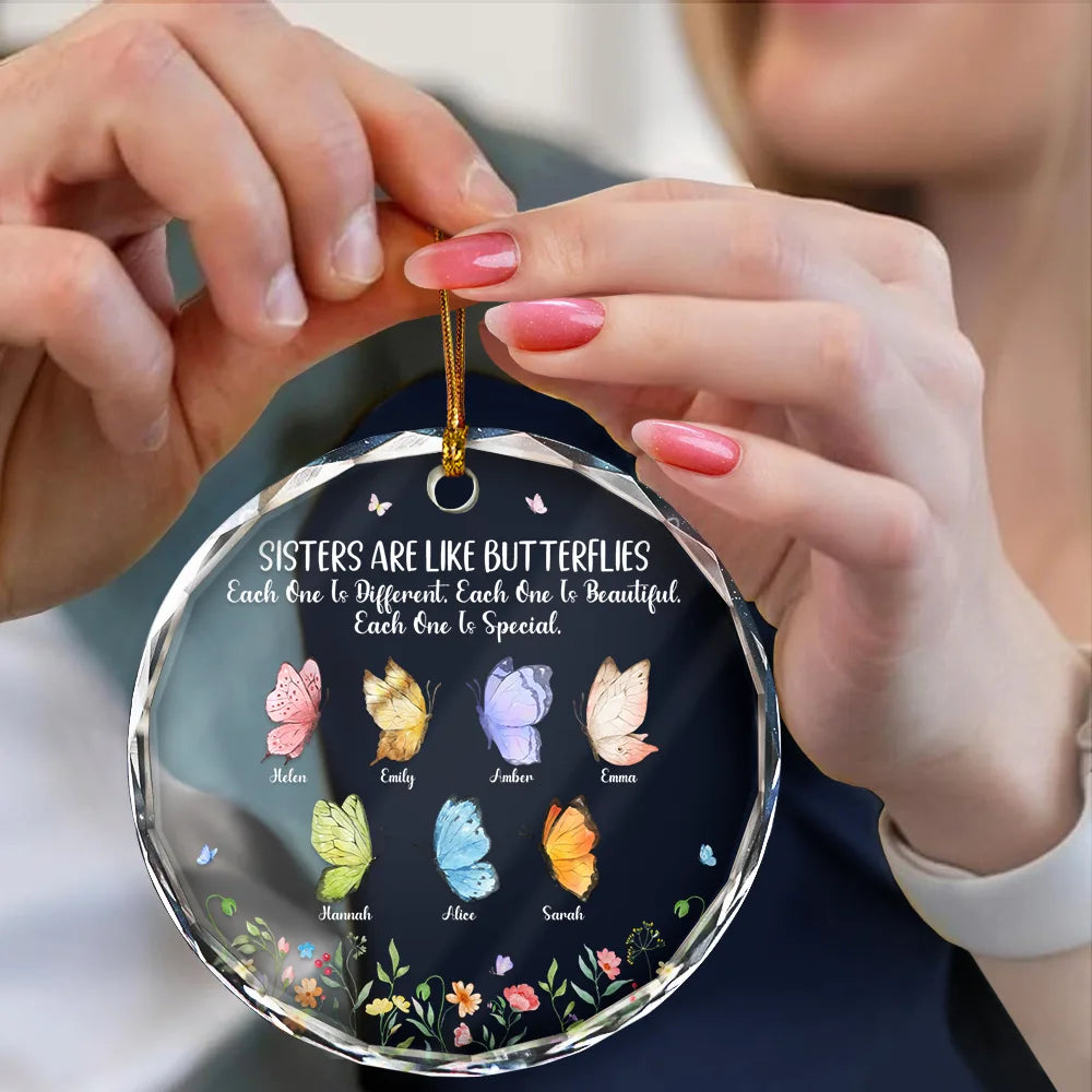 Gift For Sisters, Gift For Women, Happy, Top Market - Sisters Are Like Butterflies - Personalized Circle Glass Ornament