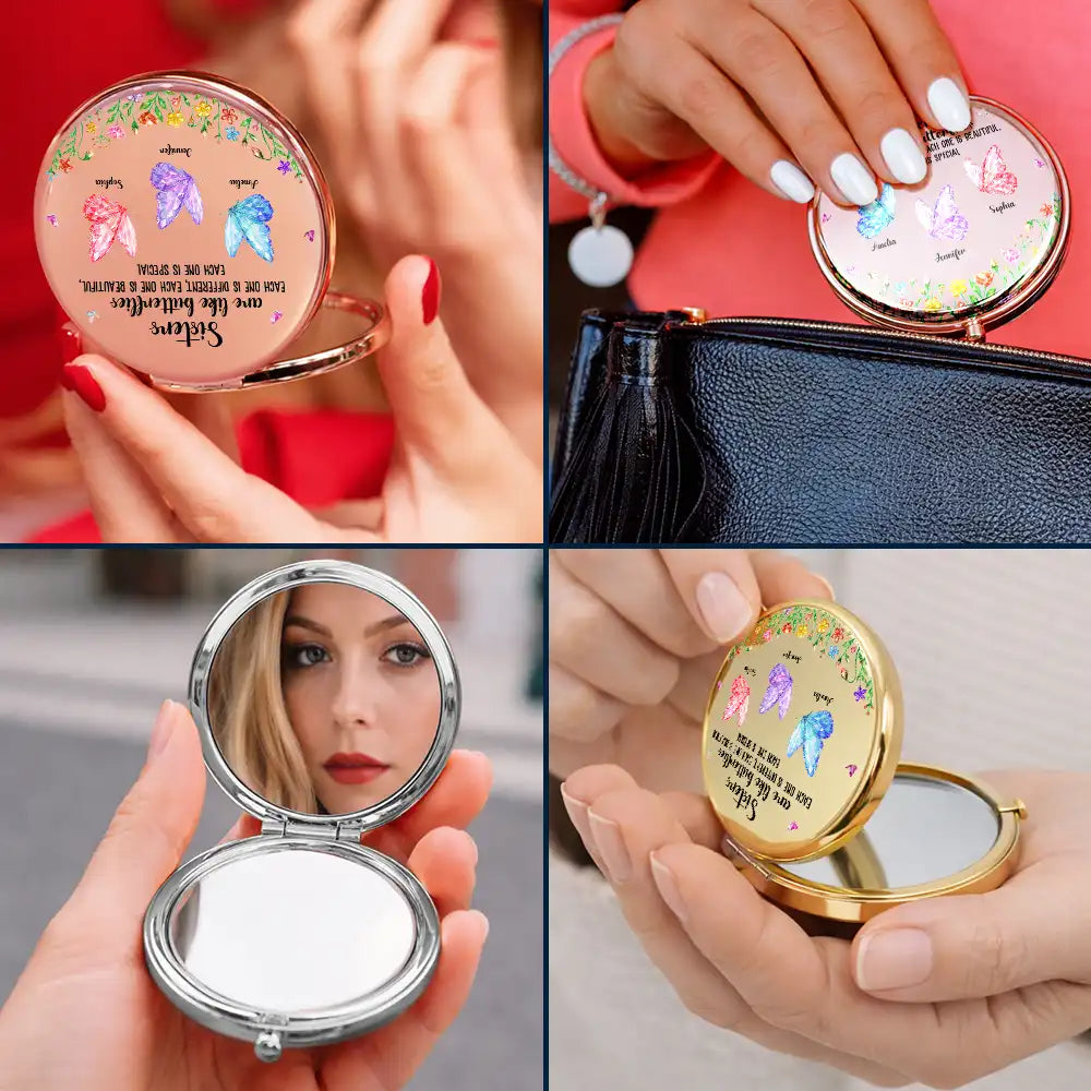 Gift For Sisters, Gift For Bestie, Gift For Sibling, Gift For Women, Happy - Sisters Are Like Butterflies Crystal Effect - Personalized Compact Mirror