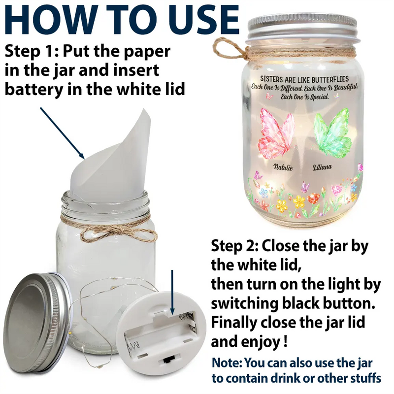 Gift For Sisters,Gift For Women,Happy - Sisters Are Like Butterflies Crytal Effect - Personalized Mason Jar Light