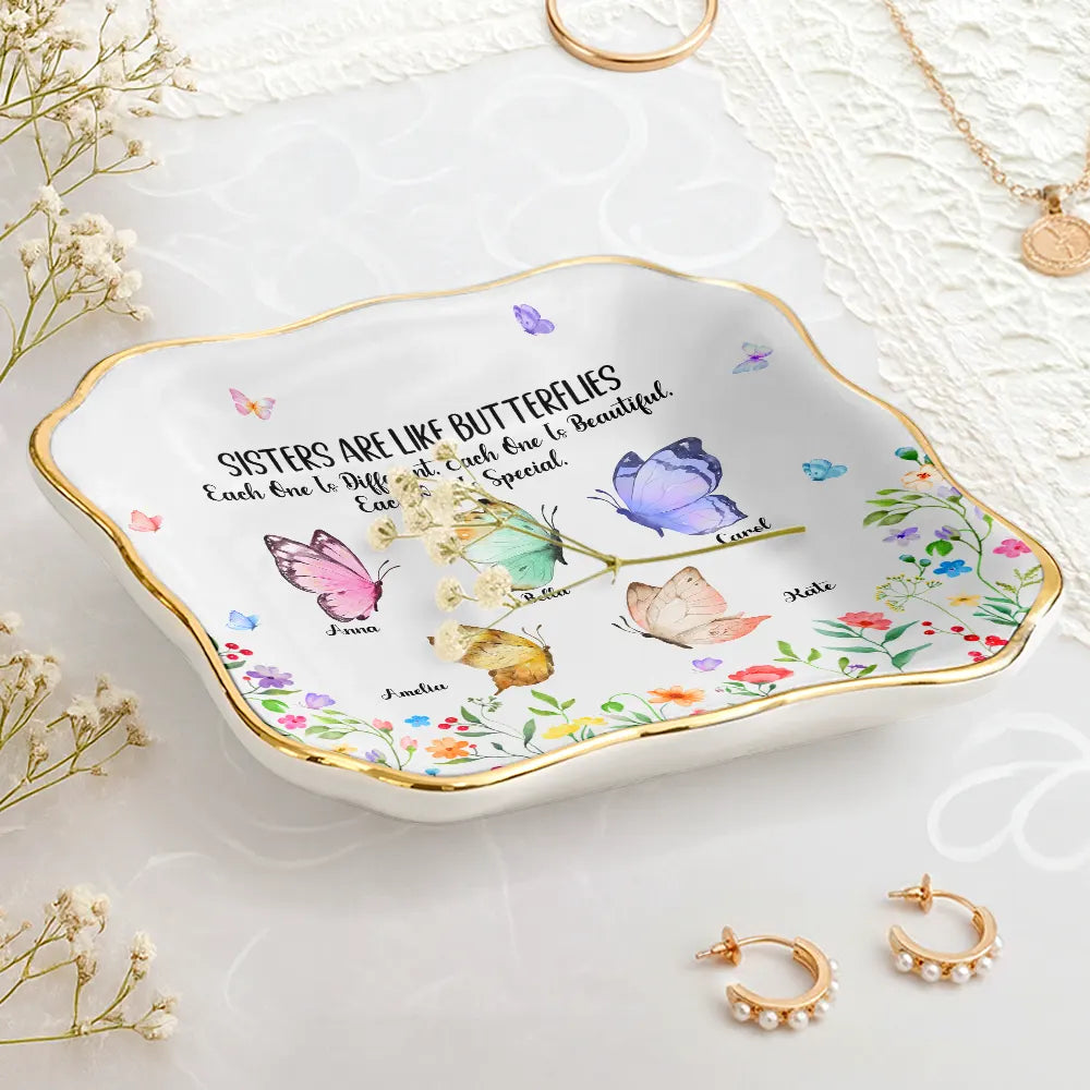 Gift For Sisters, Gift For Bestie, Gift For Women, Happy - Sisters Are Like Butterflies Watercolor - Personalized Lace Square Jewelry Dish