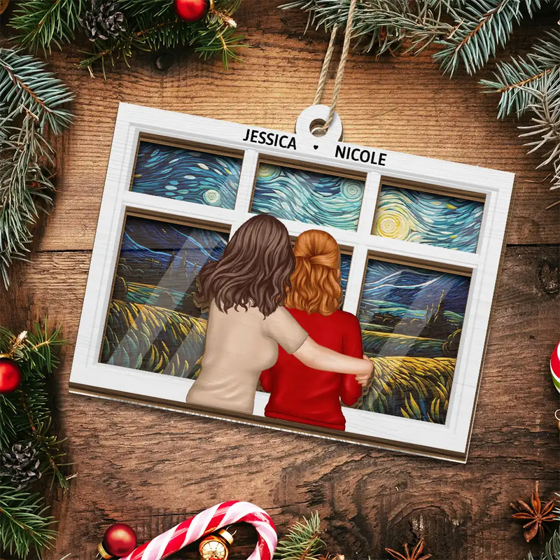 Gift For Yourself,Gift For Women,Gift For Sisters,Gift For Bestie,Christmas,Love - Sisters Besties By The Window - Personalized Suncatcher Ornament